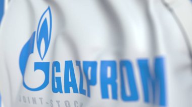 Waving flag with Gazprom PJSC logo, close-up. Editorial 3D rendering clipart