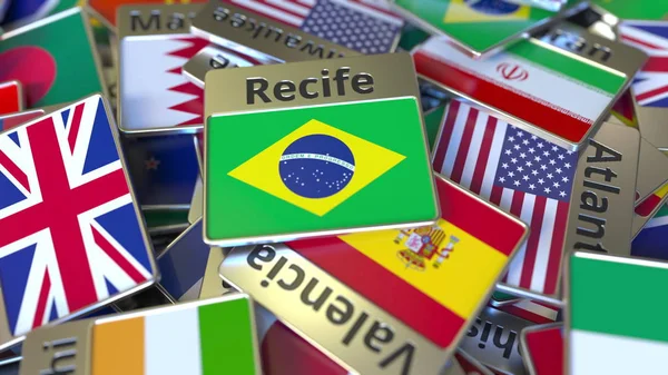 Souvenirmagnet oder Anstecker mit Zifferntext und Nationalflagge zwischen verschiedenen. Reisen nach Brasilien konzeptionelles 3D-Rendering — Stockfoto