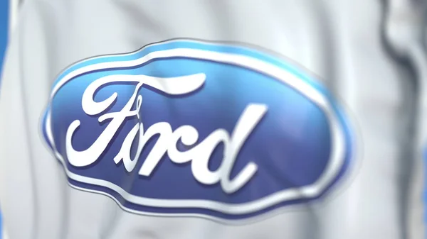 Bandiera sventolante con logo Ford Motor Company, primo piano. Rendering editoriale 3D — Foto Stock