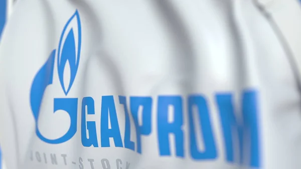 Falowanie flaga z logo Gazprom PJSC, zbliżenie. Redakcja renderowania 3D — Zdjęcie stockowe