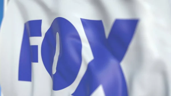 Waving flag with Fox Corporation logo, close-up. Editorial 3D rendering — Stock Photo, Image
