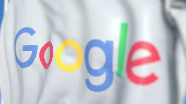 Lambaikan bendera dengan logo Google LLC, close-up. Perenderan 3D Editorial — Stok Foto