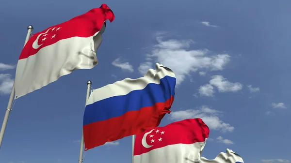 Zwaaiende vlaggen van Singapore en Rusland, 3D rendering — Stockfoto