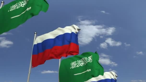 Bandiere dell'Arabia Saudita e della Russia all'incontro internazionale, animazione 3D a scomparsa — Video Stock