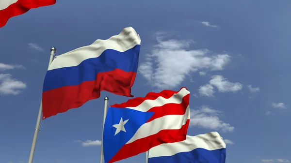 Porto Riko ve Rusya bayrakları sallayarak, 3d render — Stok fotoğraf