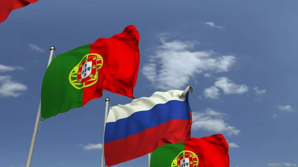 Muchas banderas de Portugal y Rusia, renderizado 3D — Foto de Stock