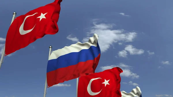 Waving flagi Turcji i Rosji, renderowanie 3D — Zdjęcie stockowe