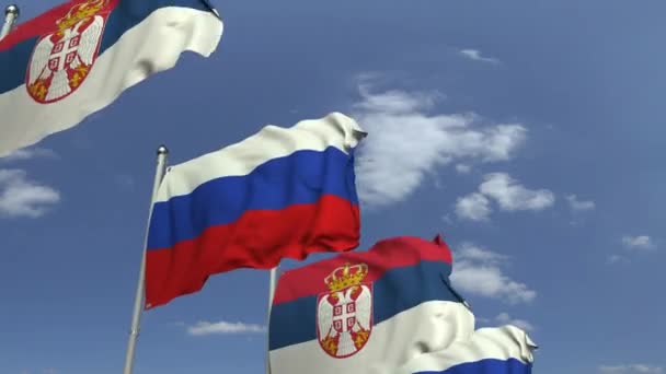 Розмахуючи прапорами Сербії і Росії на тлі неба, що є в 3D-анімації — стокове відео