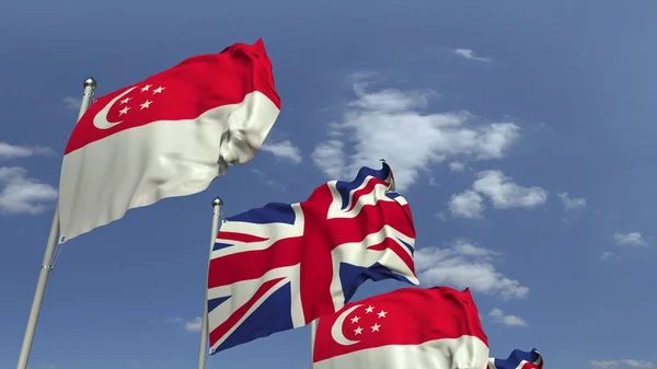 Waving flaggor i Singapore och Storbritannien, 3D-rendering — Stockfoto