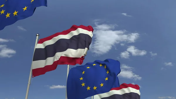 Banderas de Tailandia y la Unión Europea contra el cielo azul, representación 3D — Foto de Stock