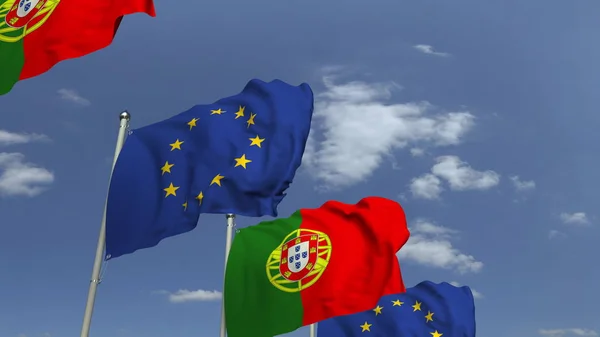 포르투갈과 유럽 연합 (EU) EU, 3D 렌더링의 많은 플래그 — 스톡 사진