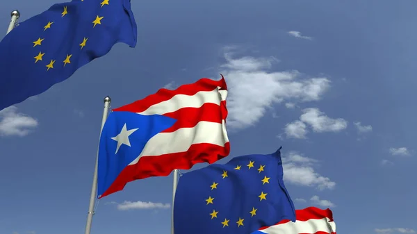 Porto Riko ve Avrupa Birliği Avrupa Birliği bayrakları sallayarak, 3d render — Stok fotoğraf