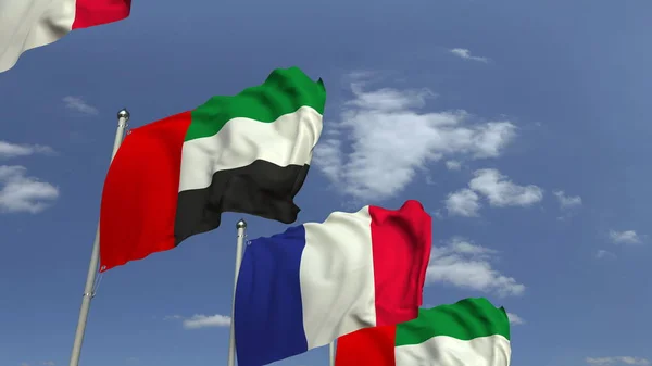 Прапори ОАЕ і Франції на міжнародній нараді, 3D-рендеринга — стокове фото