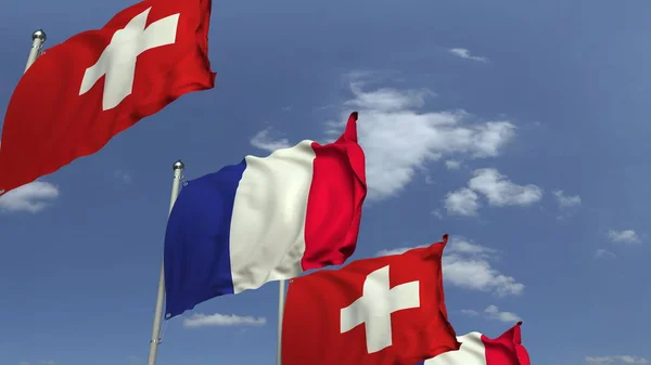 Muchas banderas de Suiza y Francia, representación 3D — Foto de Stock