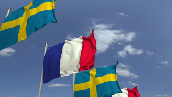 Många flaggor i Sverige och Frankrike, 3D-rendering — Stockfoto