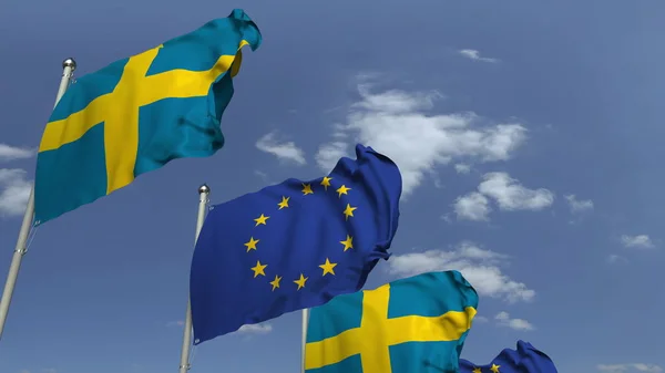Muchas banderas de Suecia y la Unión Europea EU, 3D renderizado — Foto de Stock