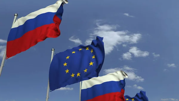 Banderas de Rusia y la Unión Europea contra el cielo azul, representación 3D — Foto de Stock