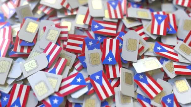 SIM-kártyák lobogója Puerto Rico. Puerto Ricó-i cellás hálózattal kapcsolatos fogalmi 3D animáció — Stock videók