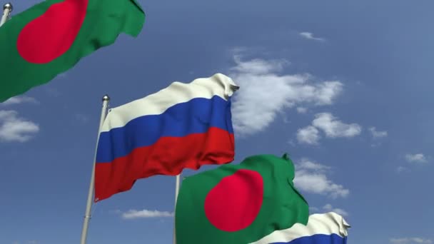 Прапори Бангладеш і Росії на міжнародній нараді, що не відповідає 3D-анімації — стокове відео