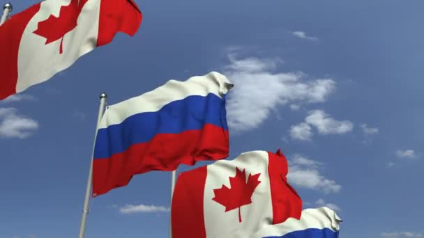 Reihe schwenkender Fahnen Kanadas und Russlands, 3D-Animation — Stockvideo