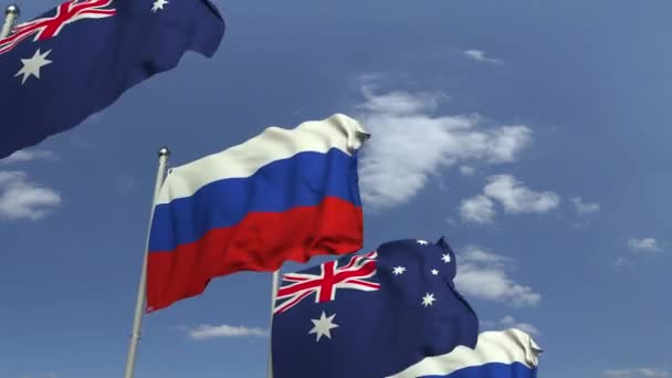 Vlaggen van Australië en Rusland op internationale vergadering, loop bare 3D-animatie — Stockvideo