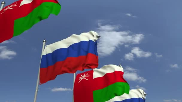 Bendera Oman dan Rusia pada pertemuan internasional, animasi 3D dapat diulang — Stok Video