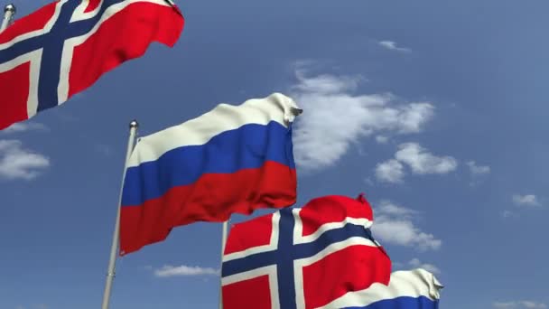 Vlaggen van Noorwegen en Rusland op internationale vergadering, loop bare 3D-animatie — Stockvideo