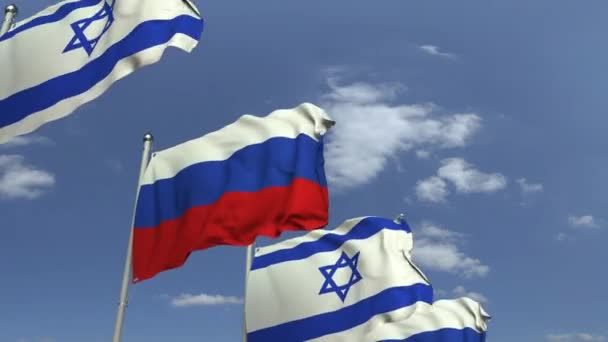 国際会議でイスラエルとロシアの旗、ループ可能な3Dアニメーション — ストック動画