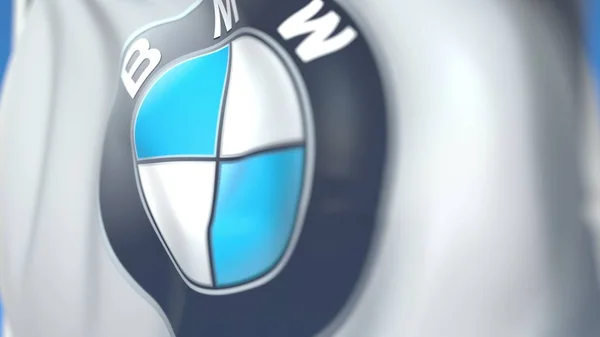 Bandiera sventolante con logo BMW AG, primo piano. Rendering editoriale 3D — Foto Stock