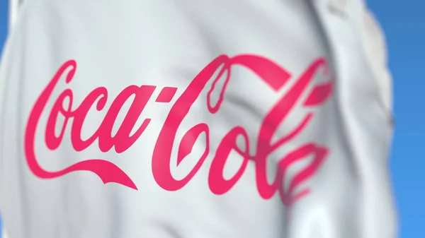 Mengibarkan bendera dengan logo Coca-Cola Company, close-up. Perenderan 3D Editorial — Stok Foto