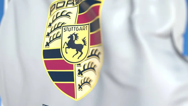 Porsche Ag logolu bayrak sallamak, yakın çekim. Editoryal 3d render — Stok fotoğraf