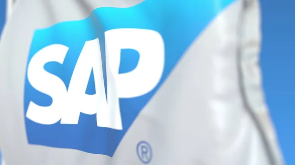 Размахиваю флагом с логотипом SAP SE крупным планом. Редакционная 3D рендеринг — стоковое фото