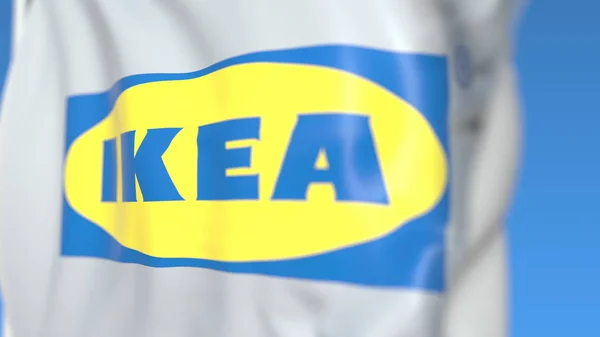 Flagge schwenkend mit Ikea-Logo, Nahaufnahme. redaktionelles 3D-Rendering — Stockfoto