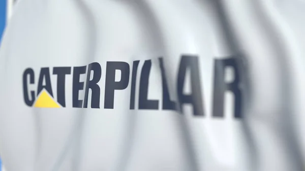 キャタピラー社のロゴが入った旗を振り、クローズアップ。エディトリアル 3D レンダリング — ストック写真