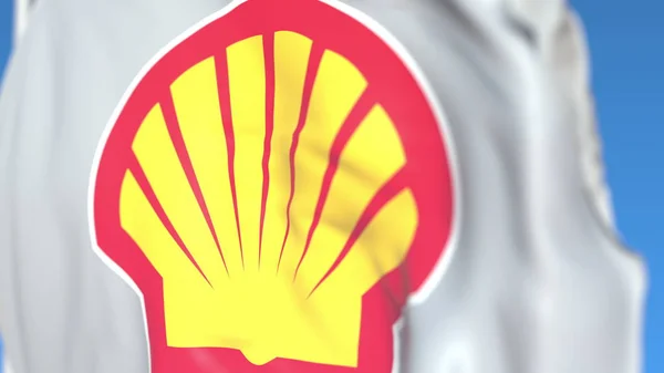 Bandiera sventolata con logo Royal Dutch Shell plc, primo piano. Rendering editoriale 3D — Foto Stock