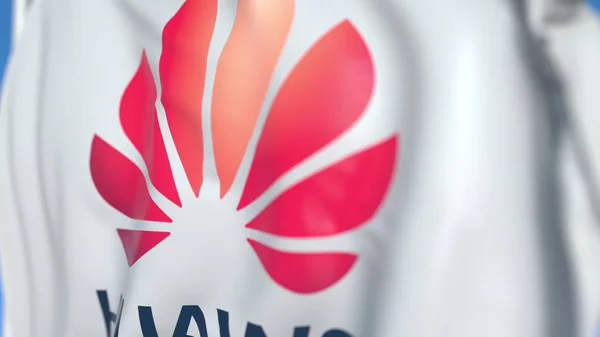 Hullámzó zászló Huawei logo, közelről. Szerkesztőségi 3D renderelés — Stock Fotó