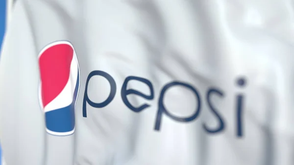 Mengayunkan bendera dengan logo Pepsi, close-up. Perenderan 3D Editorial — Stok Foto