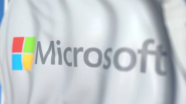 Waving flag with Microsoft Corporation logo, close-up. Editorial 3D rendering — Stock Photo, Image