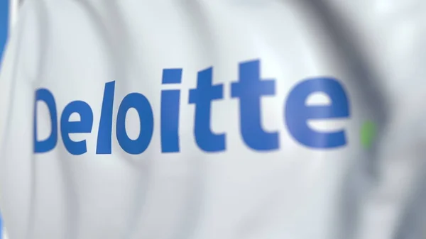 Zwaaiende vlag met Deloitte logo, close-up. Redactionele 3D-rendering — Stockfoto