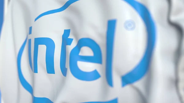 Acenando bandeira com logotipo da Intel Corporation, close-up. Renderização 3D editorial — Fotografia de Stock