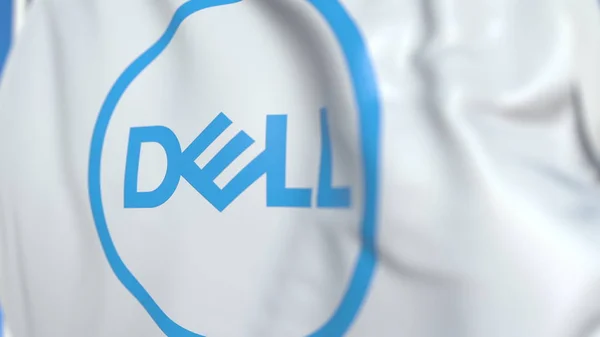 Bandiera sventolante con logo Dell, primo piano. Rendering editoriale 3D — Foto Stock