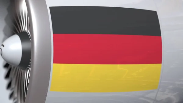 Turbina de avião com bandeira da Alemanha. Alemão transporte conceitual 3D renderização — Fotografia de Stock