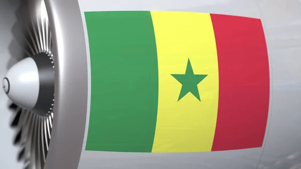 Turbina de avión con bandera de Senegal. Transporte senegalés renderizado 3D conceptual —  Fotos de Stock