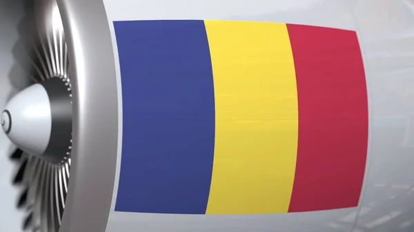Vliegtuig motor met vlag van Roemenië. Romanain Air Transportation conceptuele 3D-rendering — Stockfoto
