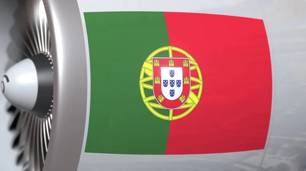 Turbine met vlag van Portugal. Portugees luchtvervoer gerelateerde conceptuele 3D-rendering — Stockfoto