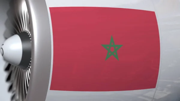 Moteur d'avion avec drapeau du Maroc. Transport aérien marocain rendu 3D conceptuel — Photo