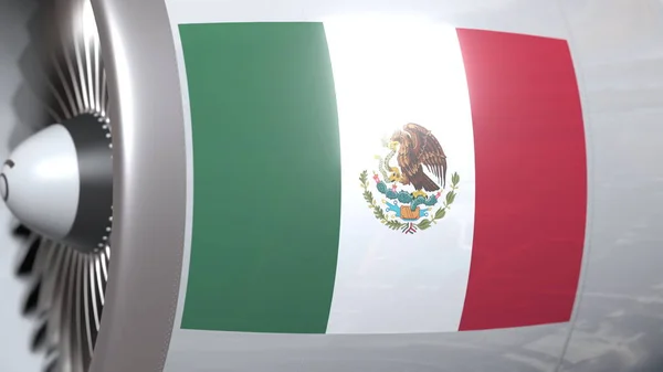 Turbina de avión con bandera de México. Representación 3D conceptual de transporte mexicano —  Fotos de Stock