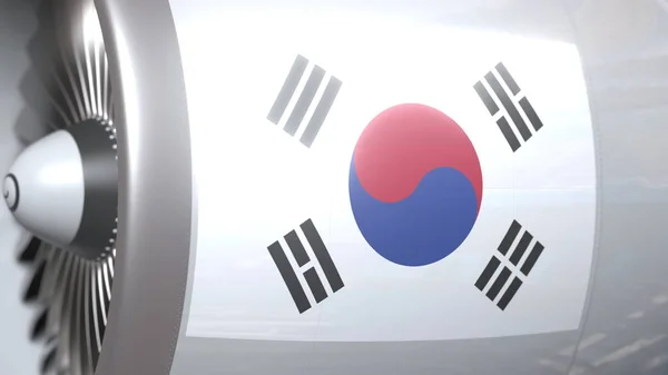 Flugzeugturbine mit Flagge Südkoreas. Südkorea Transport Konzeptionelle 3D-Darstellung — Stockfoto