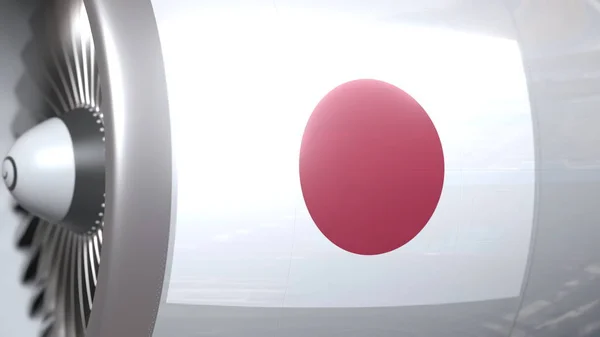 Mesin pesawat terbang dengan bendera Jepang. Pencitraan konseptual transportasi udara Jepang 3D — Stok Foto