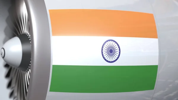 Vliegtuig motor met vlag van India. Indische luchtvervoer conceptuele 3D-rendering — Stockfoto